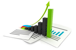 Illustration of a Google Analytics graph with rising blocks and an up arrow, symbolising how SEO services boost website visibility in search engines.