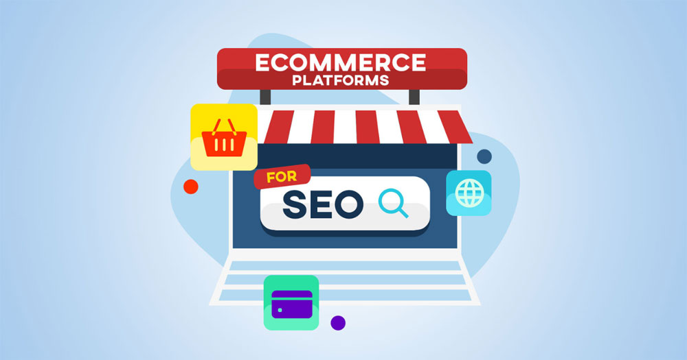 Cartoon graphic showing best ecommerce platform for SEO