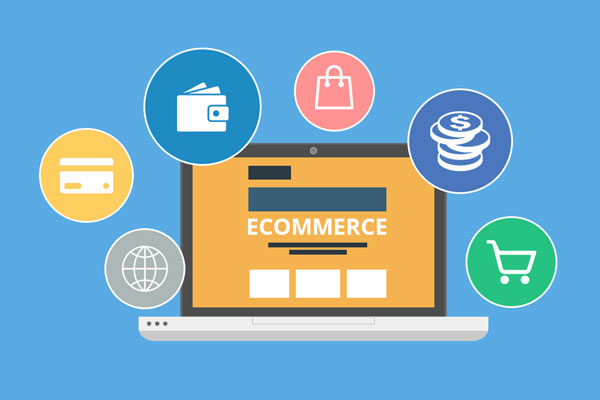 Illustration showing laptop with eCommerce platform features