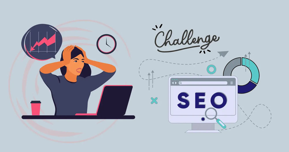 A cartoon depicting common SEO challenges faced by small businesses, such as limited budget and competition.