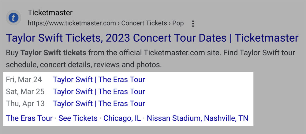 An example of a Google search result displaying a event rich snippet for the Taylor Swift tickets.