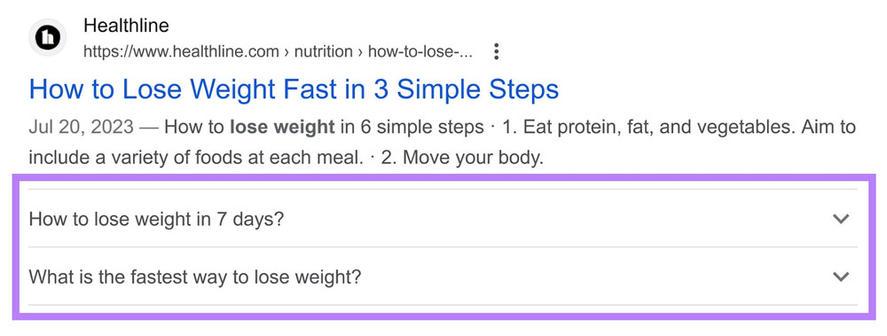 An example of a Google search result displaying a FAQ rich snippet on how to loose weight.