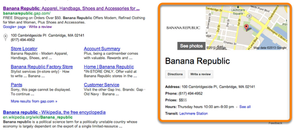 Example of a Google search result displaying a local business rich snippet for the company Banana Republic.