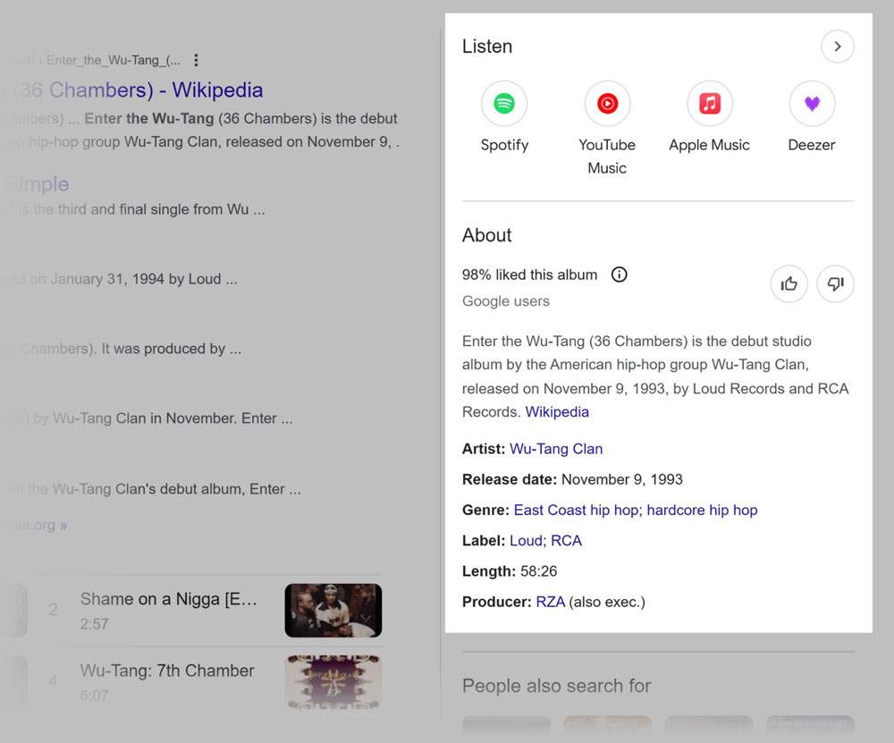 An example of a Google search result displaying a music related rich snippet for the Wu-Tang album