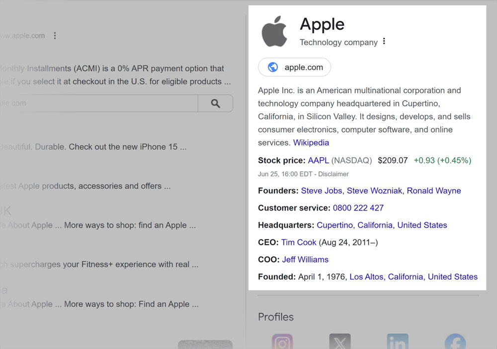 Example of a Google search result displaying a organisation rich snippet for the company Apple.