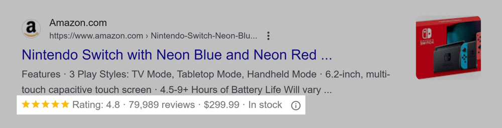 Example of a Google search result displaying a product rich snippet for Nintendo Switch.