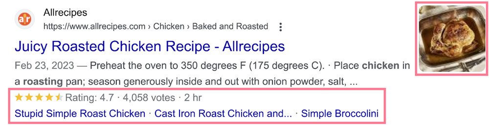 Example of a Google search result displaying a rich snippet for a roasted chicken recipe.