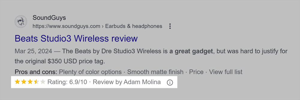 Example of a Google search result displaying a rich snippet with a review rating, highlighting pros, cons, and additional details for Beats Studio3 Wireless.